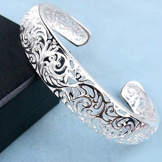 925 Silver Plated Cuff Bangle Bracelet Pink Topaz Sun Swirl Design Adjustable